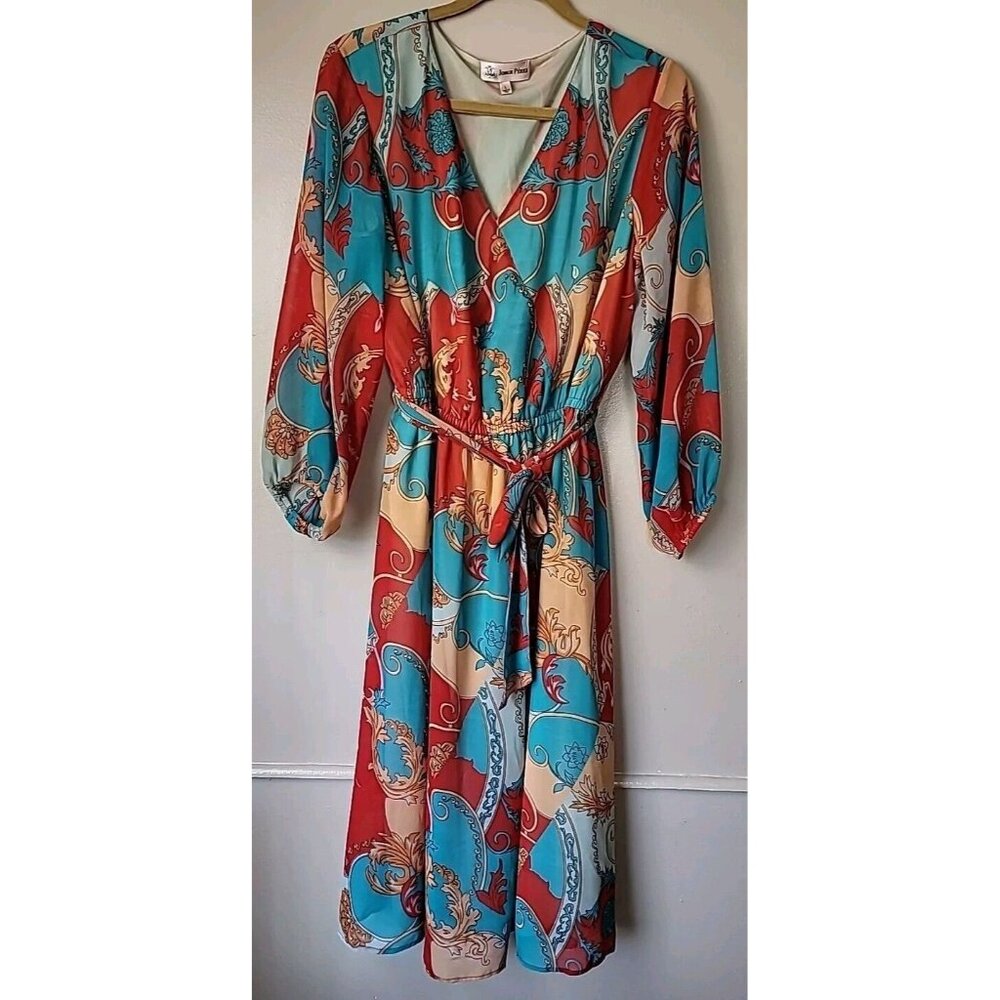 Jorge Perez Dress Sz L Red Orange Paisley Bright Sheer W Lining A-Line V-Neck